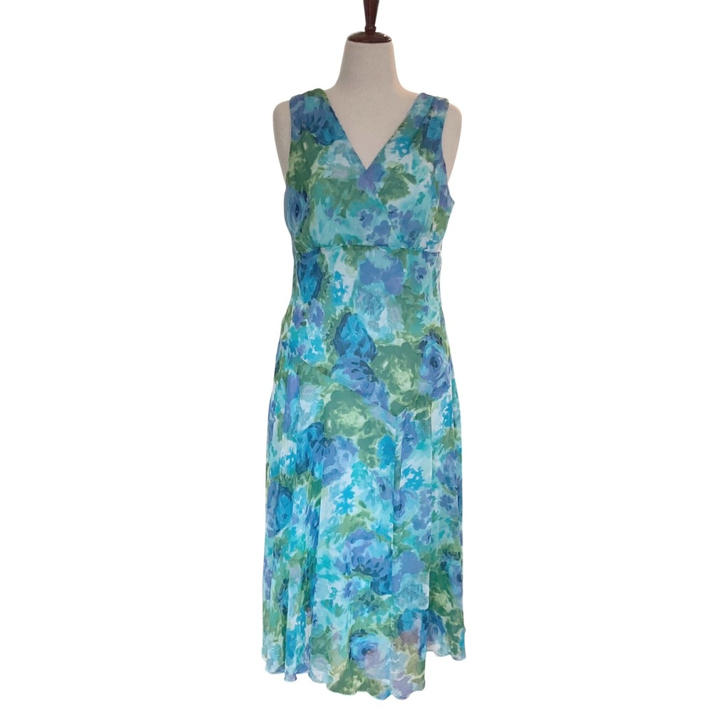 Studio 1940 Vintage Floral Midi Dress 14 Blue Green Chiffon V-Neck Garden Party